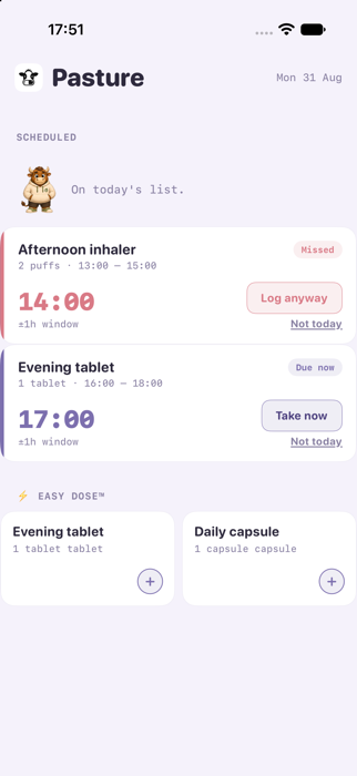 Pasture Dashboard showing a due dose and a missed dose, plus Easy Dose quick-log cards