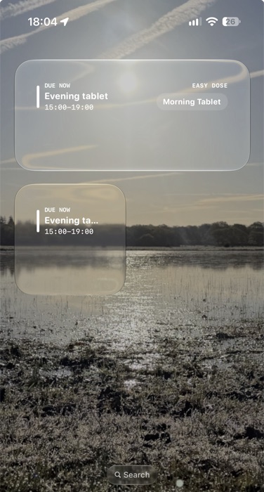 Pasture Home Screen widgets showing a due dose and an Easy Dose one-tap log button