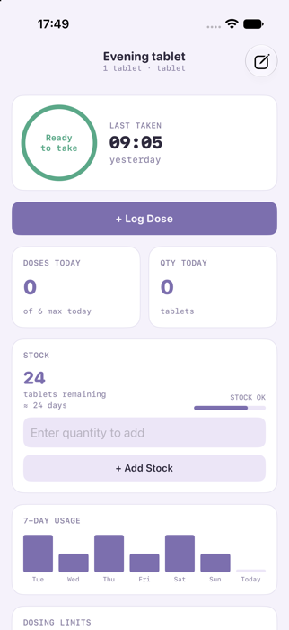 Pasture medication detail screen showing stock, dosing limits, and 7-day usage